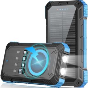 Nymzixt Solar Power Bank 4980omAh Portable Wireless Charger with USB-C 22.5W Fast Charging Built in 4 Cables Compatible with iPhone, iPad, Bright LED Flashlight Perfect for Camping (Blue)