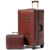 NZBZ Vintage Luggage Set for Women, 2 Piece Retro Trunk Suitcase with 14" Travel Case, Spinner Wheels, Caramel Brown, 28/14 Inch