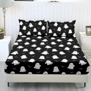 Oamsistay Ghost 3pcs Queen Size Bedroom Sets with Fitted Sheet and Pillowcases Comfy Breathable & Cooling Sheets Holiday Hotel Luxury Bed Sheets with Strong Elastic Corners
