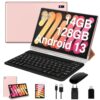 Oangcc Tablet Android 13 Tablets 10 Inch 14GB RAM 128GB ROM 2TB Expand with Keyboard, Mouse, Case, 8000mAh Battery, Octa-Core, GPS, 5G/2.4G Wi-Fi, BT5.0, IPS HD Display (Gold)