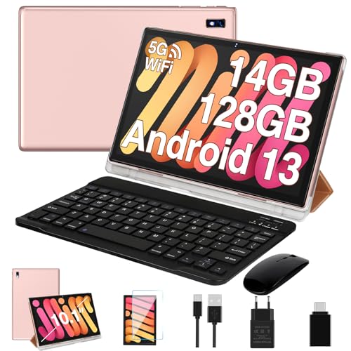 Oangcc Tablet Android 13 Tablets 10 Inch 14GB RAM 128GB ROM 2TB Expand with Keyboard, Mouse, Case, 8000mAh Battery, Octa-Core, GPS, 5G/2.4G Wi-Fi, BT5.0, IPS HD Display (Gold)