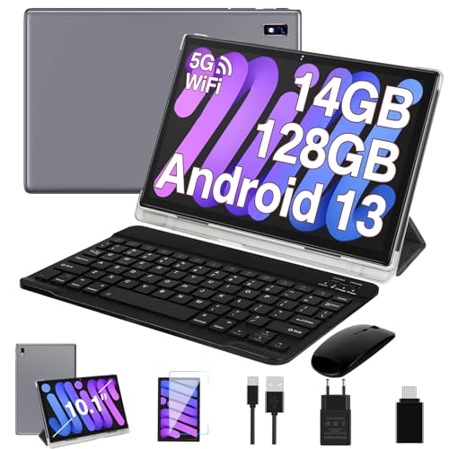 Oangcc Tablet Android 13 Tablets 10 Inch 14GB RAM 128GB ROM 2TB Expand with Keyboard, Mouse, Case, 8000mAh Battery, Octa-Core, GPS, 5G/2.4G Wi-Fi, BT5.0, IPS HD Display (Gray)