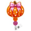 Obookey Cute Fall Badge Reel with Retractable Alligator Clip, Halloween Glitter Polka Dot Pumpkin Badge Holder with Pink Bow, Funny ID Reel Gift & Decor for Woman Teacher Nurse RN CNA MA Work Office