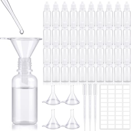OBreezify 48 Pcs 15ml Small Plastic Dropper Bottles Set with 40 Empty Squeezable Portable Dropper Bottle 4 Handled Funnels 3 Pipettes 1 Label Sheet for Travel Eye Drops Essential Oils Liquid Filling