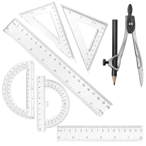 Ocapind 1 Set Plastic Geometry Math Set, Measuring Tool Includes Clear Ruler 12 Inch 6 Inch 6 and 3.8 Inches Protractor 45/60 Degree Triangle Rulers Compass for Office Drawing Drafting Engineering