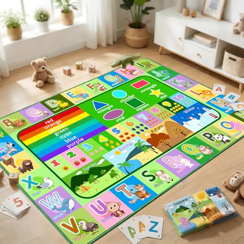 OGPJKEQR Educational ABC Rug for Bedroom, 2.5x4 Feet Learning Area Rug for Classroom, Non-Slip Alphabet Floor Carpet with Numbers Animals Seasons Fruits, Green Floor Mat