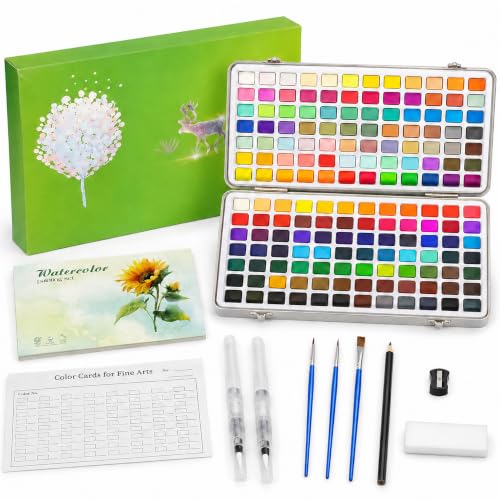 OKSON 168 Colors Watercolor Paint Set with Painting Book, 2 Water Brush Pens, 3 Paint Brushes, Pencil, Sharpener, Sponge and Color Chart, Portable Watercolor Kit for Adults, Beginners and Kids