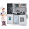 OLAKIDS Kids Kitchen Playset, Toddler Wooden Pretend Cooking Set with Sounds Chalkboard Fridge Ice Maker Microwave Oven Stove Telephone Sink, Simulation Chef Play Toy Gift (White)