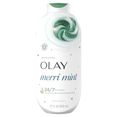 Olay Body Wash for Women, 24/7 Holiday Freshness, Plant Based Cleansers, Vitamin B3 & Antioxidant Blend, For All Skin Types, Merri Mint Scent with Notes of Creamy Peppermint & Vanilla, 22 fl oz