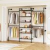 ONBRILL H3 Expandable Wall Mounted Closet System, 5.4FT-8.1FT Closet Organizer with 4 Telescopic Rods & 6 Wire Shelves, Industrial Pipe Clothing Rack for Walk-in & Reach-in Closet (Black)