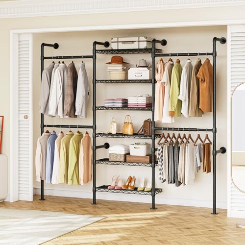 ONBRILL H3 Expandable Wall Mounted Closet System, 5.4FT-8.1FT Closet Organizer with 4 Telescopic Rods & 6 Wire Shelves, Industrial Pipe Clothing Rack for Walk-in & Reach-in Closet (Black)