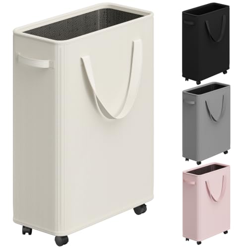 Optish 50L Slim Laundry Basket with Wheels, Rolling Laundry Hamper with Handles for Clothes, Narrow Laundry Hamper for Bedroom, Living Room, Dorm Essentials, Collapsible Laundry Basket, White