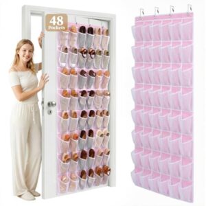 Ordovibe 48 Pockets Over The Door Shoe Organizer, Large Mesh Hanging Shoe Rack, 6-Column Heavy Duty Shoe Storage for Sneakers and Heels, Behind Door Holder for Entryway Bedroom Dorm College, Pink