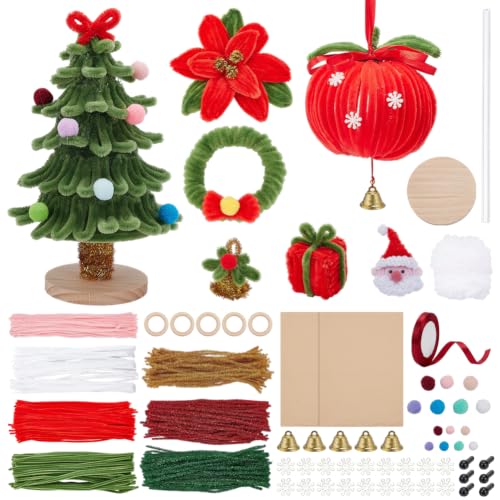 ORIGACH 10 Sets Christmas Pipe Cleaners Craft Set, 750+ Pcs Holiday DIY Supplies with Wooden Rings, Pom Poms, Pearls, Card Paper, Bells, Ribbon for for Christmas Decorations & Party Gifts