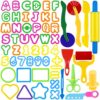 Oun Nana Dough Play Tools Set 57 PCS Plastic Dough Toys Accessories with Alphabet Letters and Numbers Cutters, Rolling pin, Rollers, Extruder, Safety Scissors, Plastic Knife