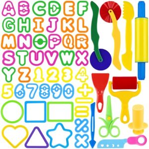 Oun Nana Dough Play Tools Set 57 PCS Plastic Dough Toys Accessories with Alphabet Letters and Numbers Cutters, Rolling pin, Rollers, Extruder, Safety Scissors, Plastic Knife