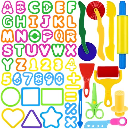 Oun Nana Dough Play Tools Set 57 PCS Plastic Dough Toys Accessories with Alphabet Letters and Numbers Cutters, Rolling pin, Rollers, Extruder, Safety Scissors, Plastic Knife
