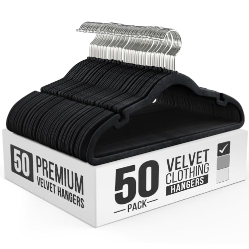 Our Modern Space 50 Pack Velvet Hanger for Shirt Pants Dresses Skirts Suits Jackets - Slim Space Saving Design - Standard Coat Hanger - Sturdy & Durable Design with Shoulder Grooves Hook