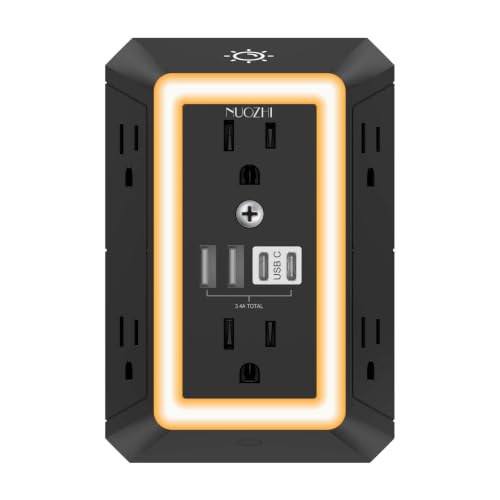 Outlet Extender Surge Protector - NUOZHI 6 Outlet Splitter with 4 USB Ports(2 USB-C) and Night Light, Multi Plug Wall Outlet 1680J Power Strip for Home Office Dorm Room Essentials, ETL, Black