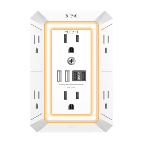 Outlet Extender Surge Protector - NUOZHI 6 Outlet Splitter with 4 USB Ports(2 USB-C) and Night Light, Multi Plug Wall Outlet 1680J Power Strip for Home Office Dorm Room Essentials, ETL, White