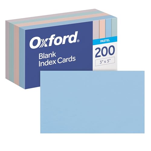 Oxford Blank Index Cards, Blank Note Cards, Flashcards for School, 4 Assorted Pastel Colors: Gray, Peach, Light Blue and Light Green, 3 Inch x 5 Inch, 200 Cards Per Pack (1017487)