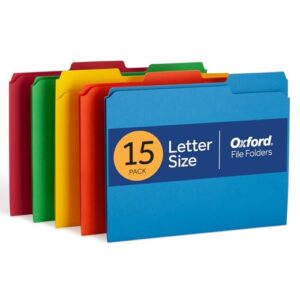 Oxford Colored File Folders, 15 Pack, 3 Tabs, 5 Assorted Colors, Letter Size (8.5" x 11"), Color-Coding for School, Office & Home Document Organization