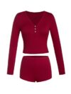 OYOANGLE Women's Pajama Set 2 Piece Long Sleeve T-shirt Top and Shorts Sleepwear Loungewear Burgundy Large
