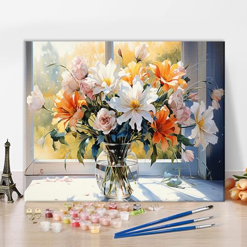 Paint by Numbers for Adults Beginners Bouquet Flowers in Glass Vase Paint by Number Kits,Autumn Vase Flowers DIY Paint by Numbers Kits on Canvas Still-life Painting Artwork for Adults,16x20inch