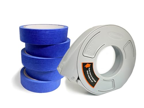 Painters Tape Applicator with 5 Rolls 0.94 Inch x 22 Yards Blue Painters Tape, Outdoor UV Resistant Masking Tape Dispenser with Cutter for Painting Trim, Walls, Floors, Baseboards & DIY Applications