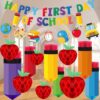 Pajean 48 Pcs Happy First Day of School Classroom Decorations with Pencil and Red Apple Shaped Hanging Honeycomb Centerpieces Banner Decor for Classroom Back to School Ceiling Party Supplies