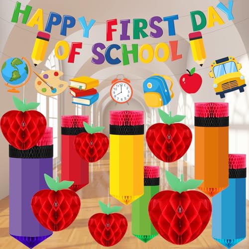 Pajean 48 Pcs Happy First Day of School Classroom Decorations with Pencil and Red Apple Shaped Hanging Honeycomb Centerpieces Banner Decor for Classroom Back to School Ceiling Party Supplies