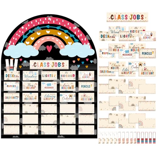 Pajean Class Jobs Pocket Chart Rainbow Pocket Chart with 96 Pcs Boho Cards Classroom Bulletin Board Set Teacher's Helper Hands Management Chalkboard Decor for Back to School Preschool Supplies