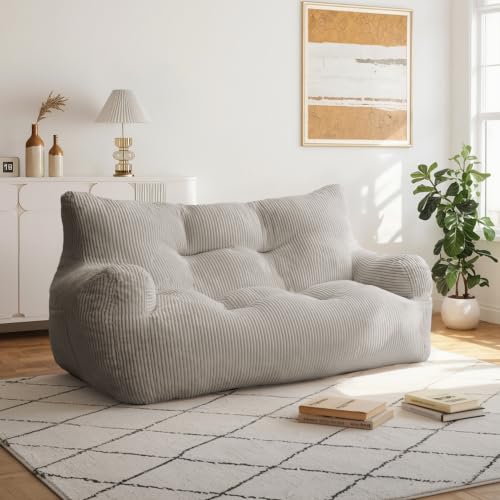 Pamapic 59" Corduroy Bean Bag Chair,2 Seat Loveseat Sofa,Ultra Soft Dutch Velvet,Fluffy Comfort Cover,Corduroy Lazy Sofa Bed for Adults,Fit Living Room, Bedroom,72h Rebound,Light Gray