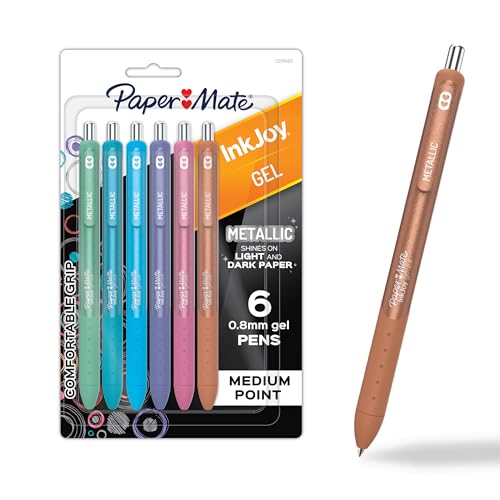 Paper Mate InkJoy Gel Pens, Metallic, Retractable, Medium Point, (0.8mm), Glittery Assorted Colors, 6 Count - Perfect for Writing, Doodling, Bullet Journaling, Glitter, Sparkle, Writing Fun