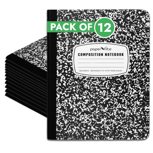 Paper Rite 12 Pack Composition Notebook Wide Ruled Bulk, 200 Pages (100 Sheets), 9-3/4 x 7-1/2", Hard Cover Wide Ruled Notebook Bulk, Black Marble Composition Notebooks, Bulk School Notebooks