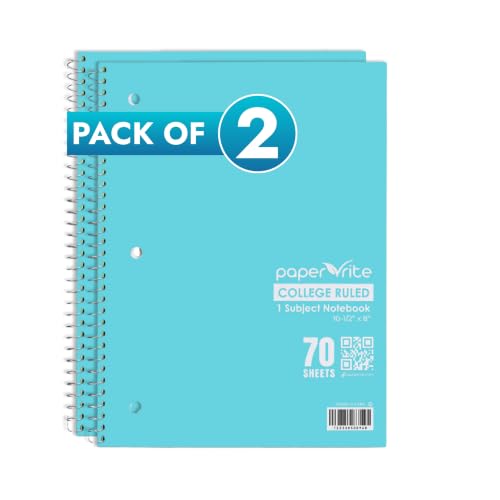 Paper Rite College Ruled Spiral Notebook, Pack of 2 – 1 Subject, 70 Sheets, Pastel Blue, 10.5 x 8.18 Inch, Durable Soft Cover Notebooks for School, Office, Home & Journaling