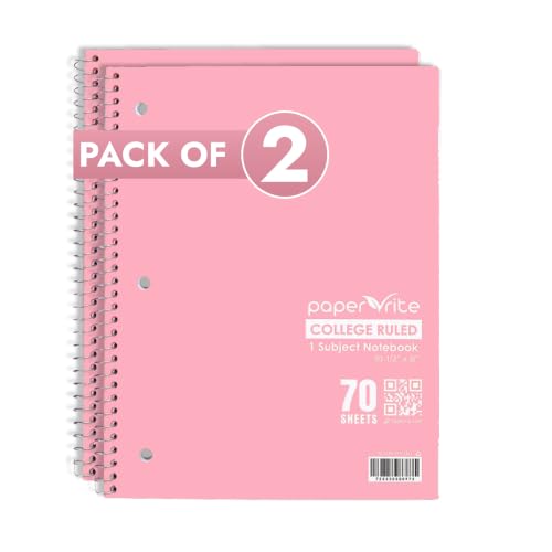Paper Rite College Ruled Spiral Notebook, Pack of 2 – 1 Subject, 70 Sheets, Pastel Red, 10.5 x 8.18 Inch, Durable Soft Cover Notebooks for School, Office, Home & Journaling