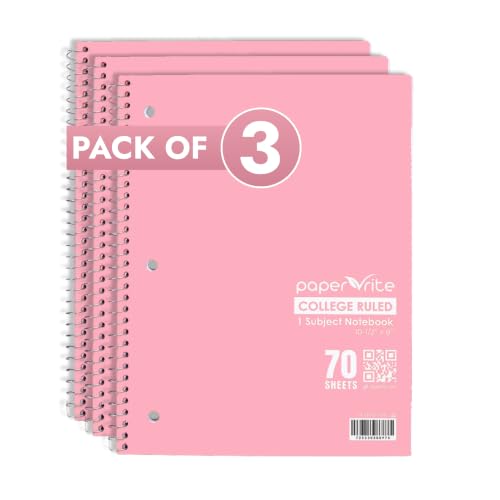 Paper Rite College Ruled Spiral Notebook, Pack of 3 – 1 Subject, 70 Sheets, Pastel Red, 10.5 x 8.18 Inch, Durable Soft Cover Notebooks for School, Office, Home & Journaling