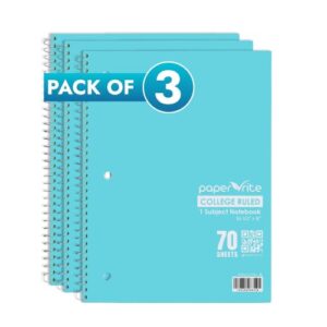 Paper Rite College Ruled Spiral Notebook, Pack of 3 – 1 Subject, 70 Sheets, Pastel Blue, 10.5 x 8.18 Inch, Durable Soft Cover Notebooks for School, Office, Home & Journaling