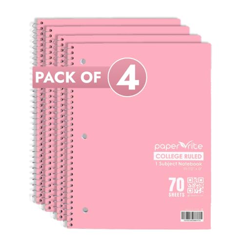 Paper Rite College Ruled Spiral Notebook, Pack of 4 – 1 Subject, 70 Sheets, Pastel Red, 10.5 x 8.18 Inch, Durable Soft Cover Notebooks for School, Office, Home & Journaling