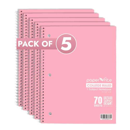 Paper Rite College Ruled Spiral Notebook, Pack of 5 – 1 Subject, 70 Sheets, Pastel Red, 10.5 x 8.18 Inch, Durable Soft Cover Notebooks for School, Office, Home & Journaling