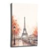Paris Eiffel Tower Watercolor Canvas Wall Art, Rainy Autumn Riverside Walkway Print, Fall Foliage Urban Landscape Vertical Wall Decor for Bedroom Living Room Apartment