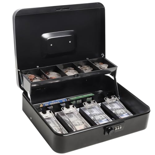 Parrency Cash Box with Combination Lock and Money Tray, Durable Metal Money Box for Cash Register, 4 Bill / 5 Coin Slots, Safe Storage for Home & Small Business, 11.8" x 9.5" x 3.5", Cmb-Black