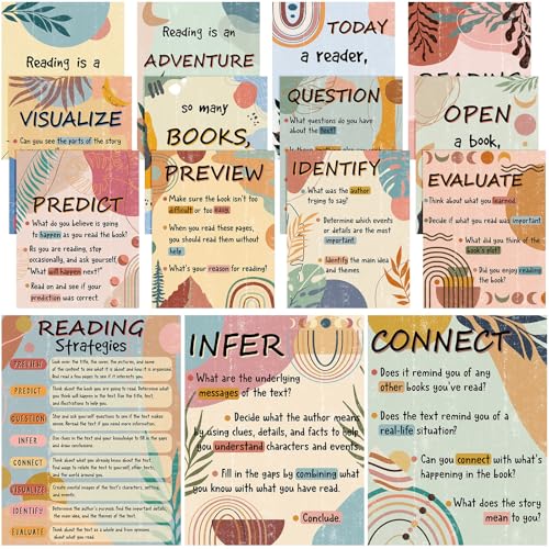 Pasimy 15 Pcs Reading Posters Reading Strategies Posters Library Bulletin Board Decoration Educational Read Poster for Elementary Middle School Classroom Decorations