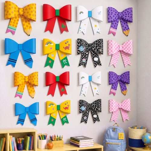 Pasimy 16 Pcs Large Pastel Bow Classroom Decor 9.6inch 3D Composition Notebook Back to School Bow Bulletin Board Decor 2 Size for Teacher Classroom School Wall Chalkboard Pencil Crayon Decoration