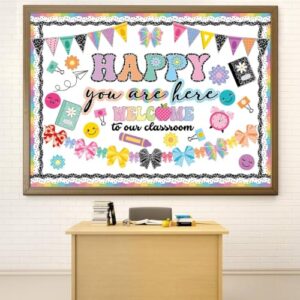 Pasimy 87 Pcs Back to School Bulletin Board Set Welcome to Our Classroom Decorations Happy You're Here Bulletin Board DIY Paper Cutouts for First Day of School Classroom Party Chalkboard Wall Decor