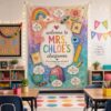 Pastel Rainbow Watercolor Kindergarten Teacher Classroom Tapestry