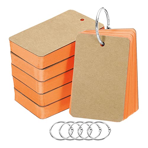 PATIKIL Blank Index Cards with Ring, 300Pcs Colored Blank Flash Card 3.5" x 2" Note Card Study Card for Memory Learning Studying Office Supplies, Orange