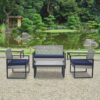 Patio Furniture Set, 4-Piece, Light Gray Rattan/Blue Cushion, Acacia Top