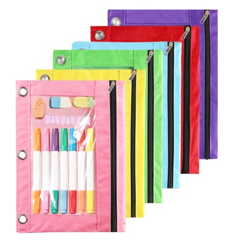 Pencil Pouch for 3 Ring Binder, 6 Pack Pencil Case with Smooth Zipper, Cute Soft Pen Bag with Clear Window and 3 Reinforced Metal Grommets Large Capacity Binder Bag for School Office Supplies